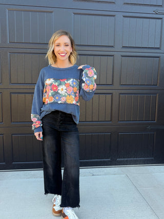 Navy Floral Ribbed Top