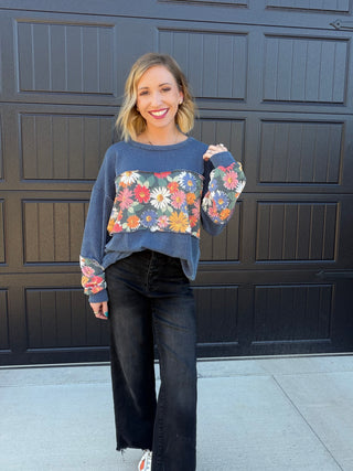 Navy Floral Ribbed Top