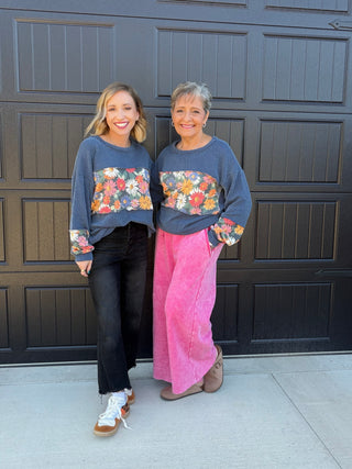 Navy Floral Ribbed Top
