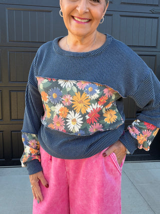 Navy Floral Ribbed Top