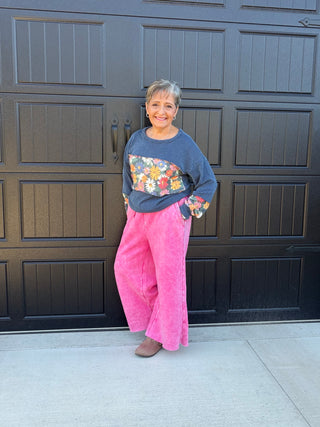 Navy Floral Ribbed Top