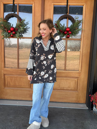 Floral Stripe Contrast Hooded Top