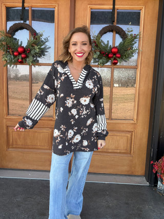 Floral Stripe Contrast Hooded Top