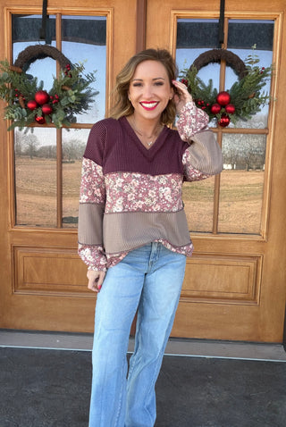 Floral Colorblock V-Neck Top