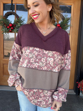 Floral Colorblock V-Neck Top