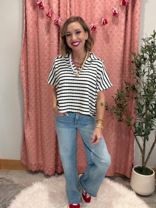 Maggie Split Collared Top-Black